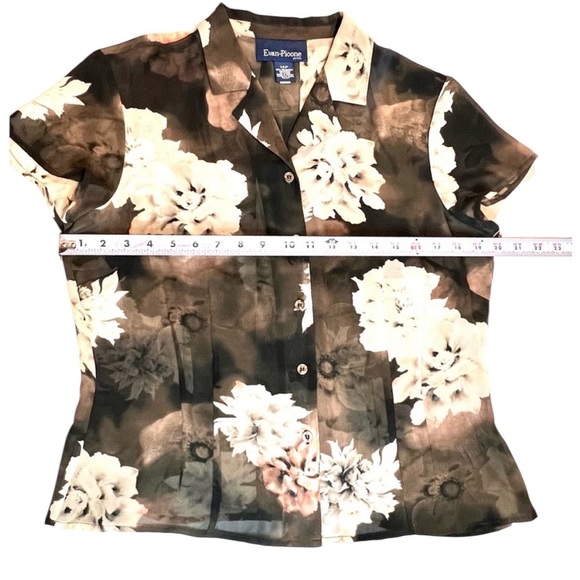 EVAN PICONE Button Up Short Flutter Sleeve Blouse, Sheer, Black Ivory Floral 14P - Picture 5 of 8